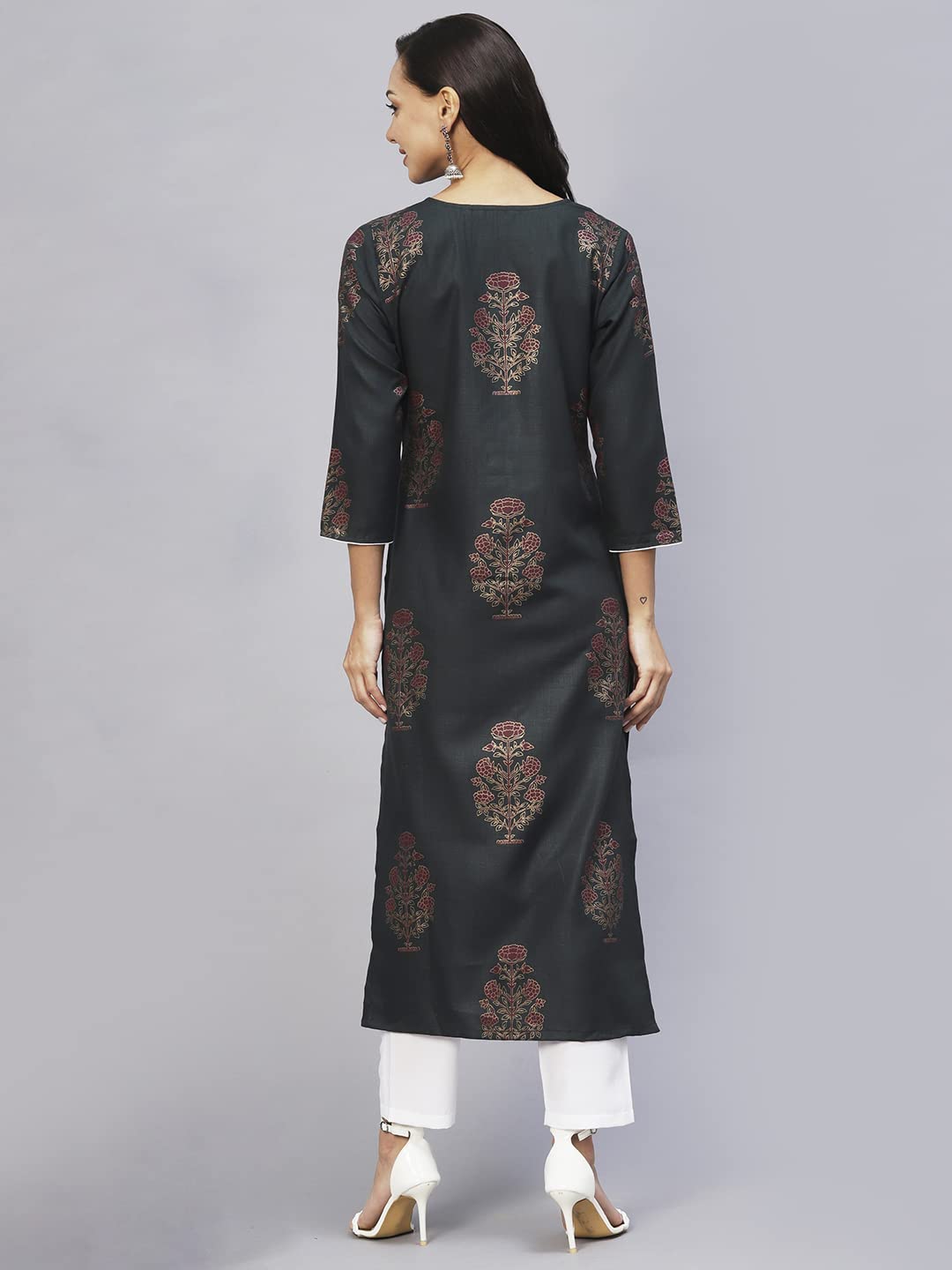 Anni Designer Women'S Cotton Blend Straight Printed Kurta With Pant Set (Black009-Green_L_Blue_Large),Green,L,Cotton Blend,Regular,Pants