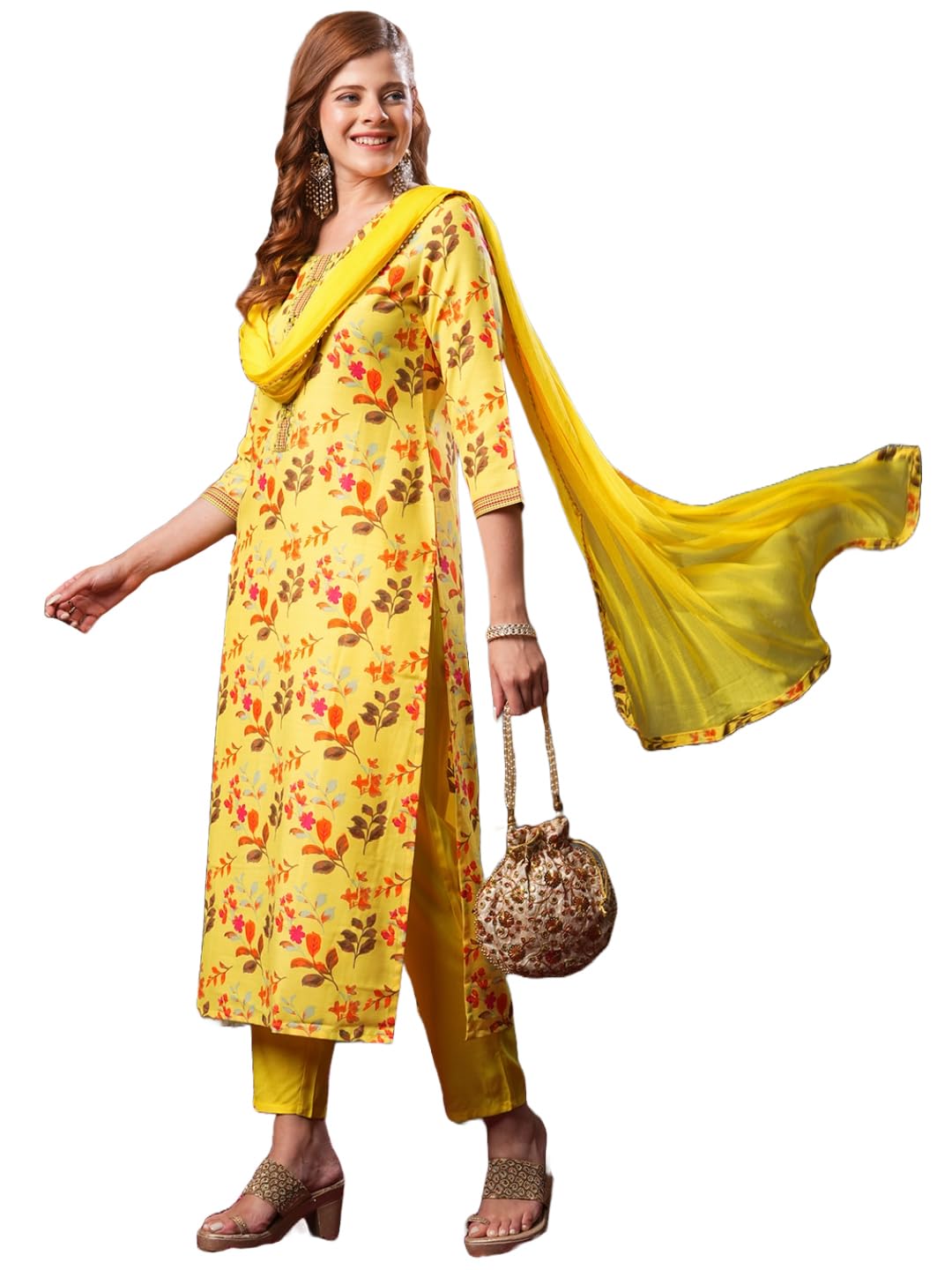 Anni Designer Women'S Cotton Blend Printed Straight Kurta And Pant With Dupatta (Kaleping-Yellow_M_Yellow_Medium),Yellow,M