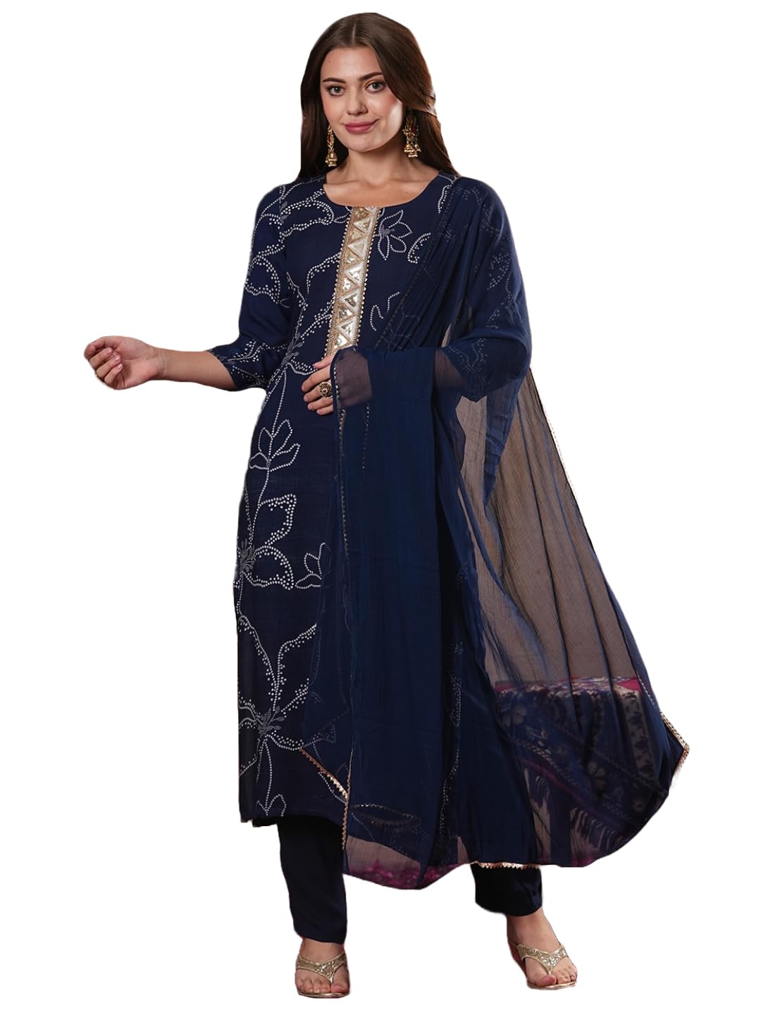 Anni Designer Women'S Cotton Blend Straight Printed Kurta With Pant & Dupatta (Manini Blue_Xl_Blue_X-Large),Blue,XL,,,