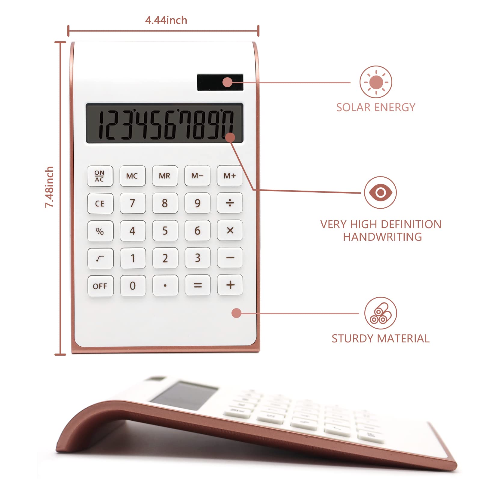 Rose Gold Calculator, UPIHO Rose Gold Pink Office Supplies and Accessories, 10 Digits Solar Battery Basic Office Calculator, Des