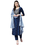 Anni Designer Women'S Cotton Blend Straight Embroidered Kurta With Pant & Dupatta (Yesta Kerocine_Xl_Dark Blue_X-Large),Dark Blue,XL