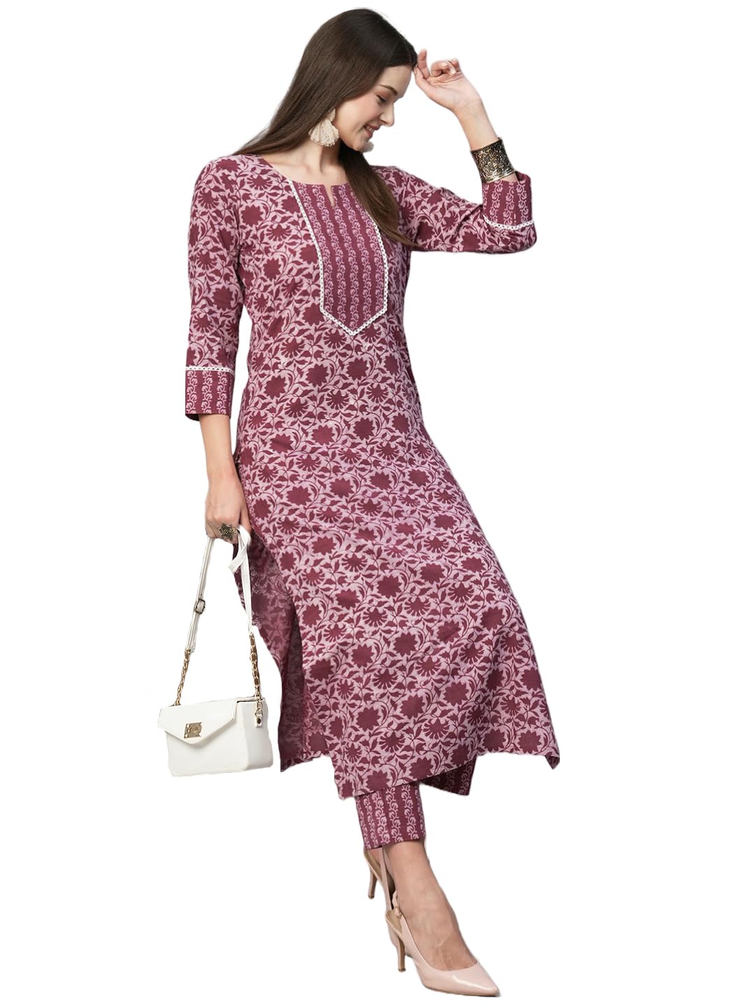 Anni Designer Women'S Cotton Blend Straight Printed Kurta With Pant (Anusha Wine-Nw_M_Wine_Medium),Wine,M