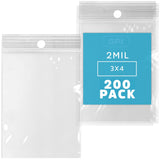 3 x 4 Small Clear Reclosable Zip Bags, 2 Mil, Case of 200 - Durable Plastic Poly Baggies with Hang Hole for Display, Resealable 