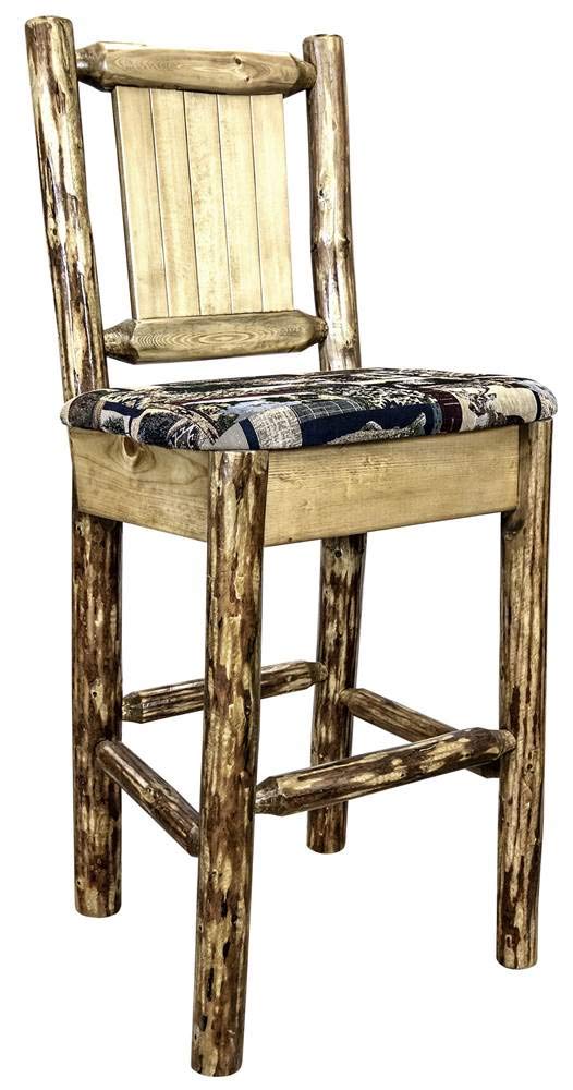 Montana Woodworks Glacier Country Collection Barstool With Upholstered Seat, Woodland Pattern, Laser Engraved Bear Design, Stain