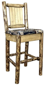 Montana Woodworks Glacier Country Collection Barstool With Upholstered Seat, Woodland Pattern, Laser Engraved Bear Design, Stain