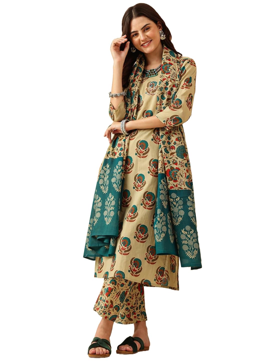 Anni Designer Women'S Rayon Blend Straight Printed Kurta With Pant & Dupatta (Kartar Beige_S_Beige_Small),Beige,S