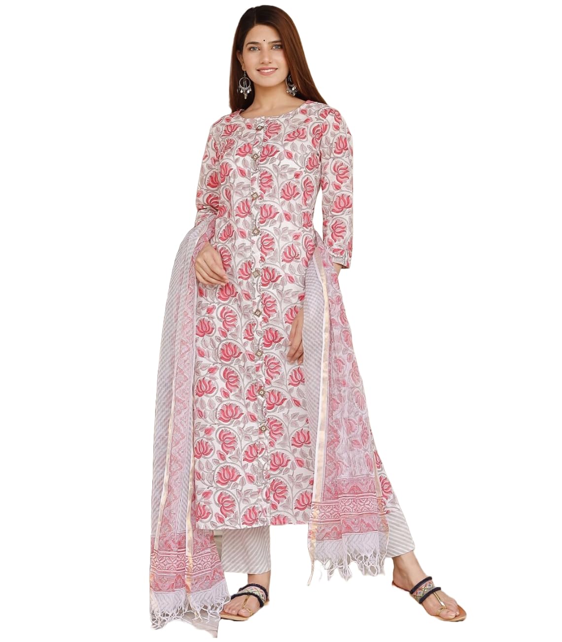 Anni Designer Women'S Cotton Blend Straight Printed Kurta With Pant & Dupatta (Vinki White_M_White_Medium),White,M