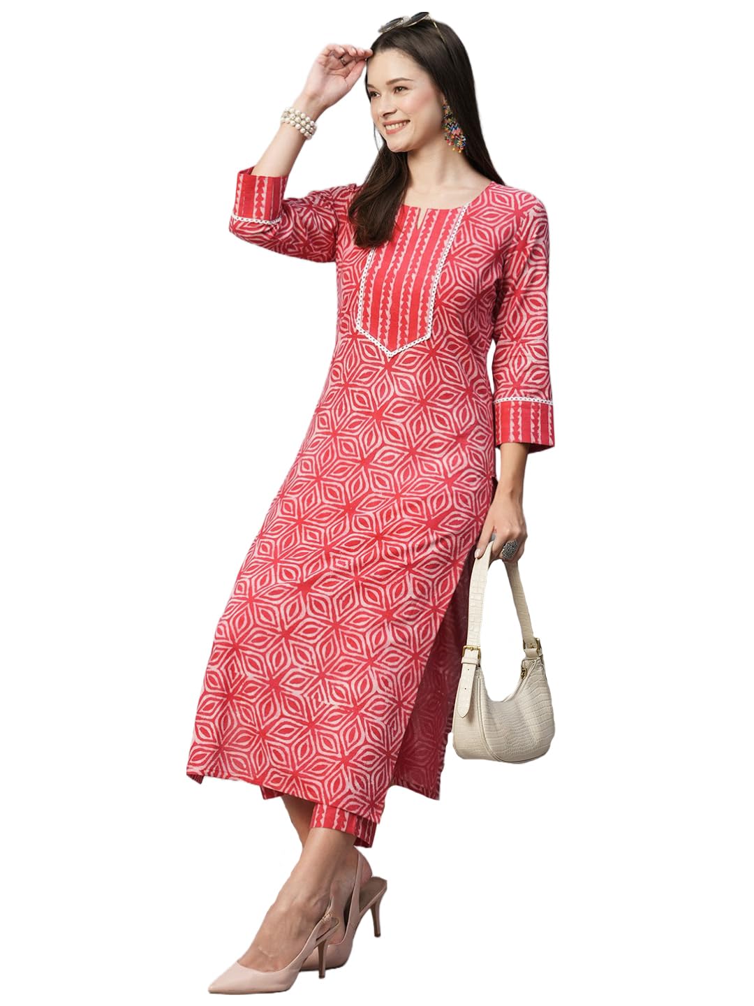 Anni Designer Women'S Cotton Blend Straight Printed Kurta With Pant (Kaveri Pink-Nw_S_Pink_Small),Pink,S