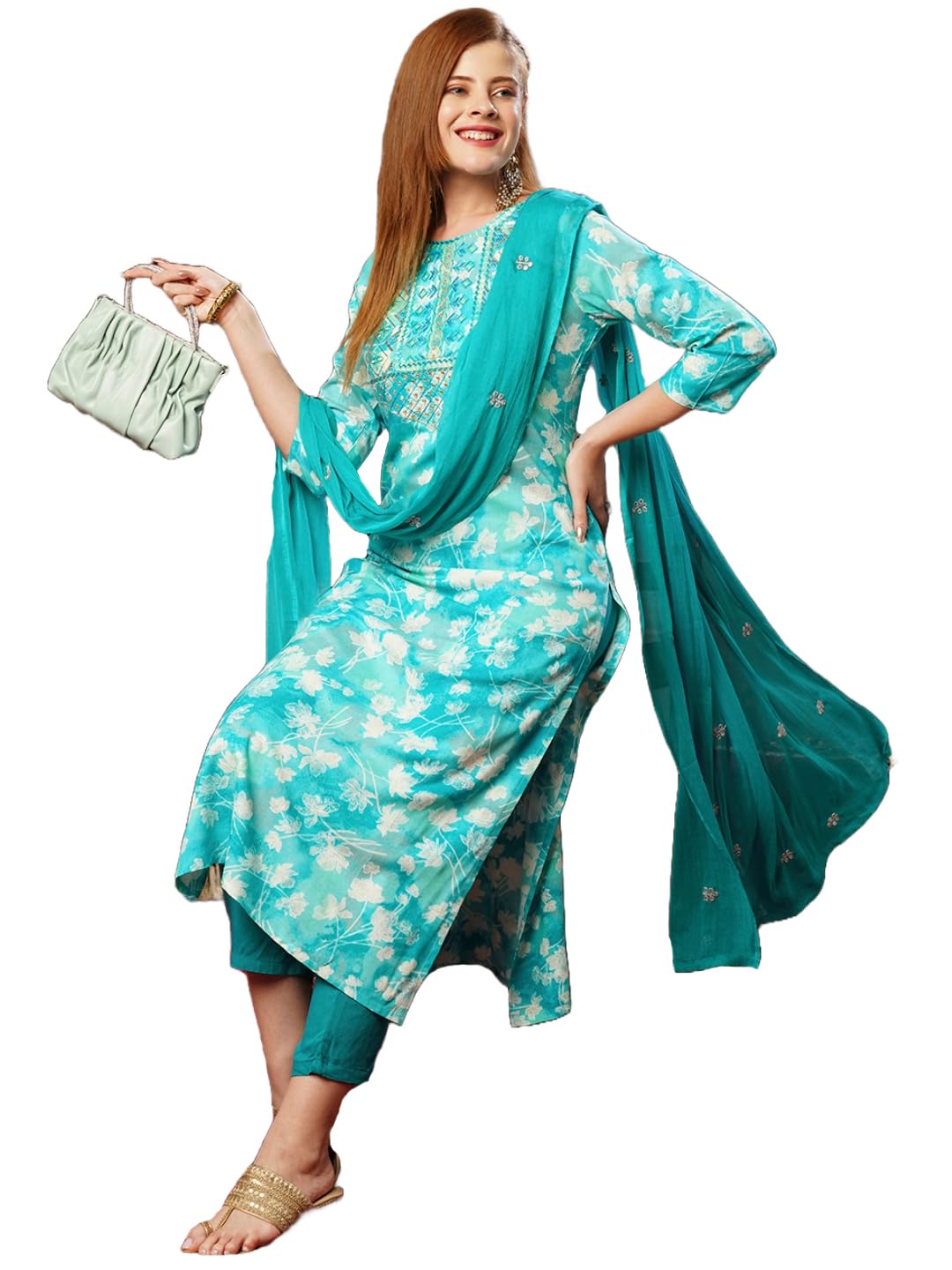 Anni Designer Women'S Cotton Blend Printed Straight Kurta With Pant & Dupatta (Bhadrusha See Green_S_See Green_Small),See Green,S
