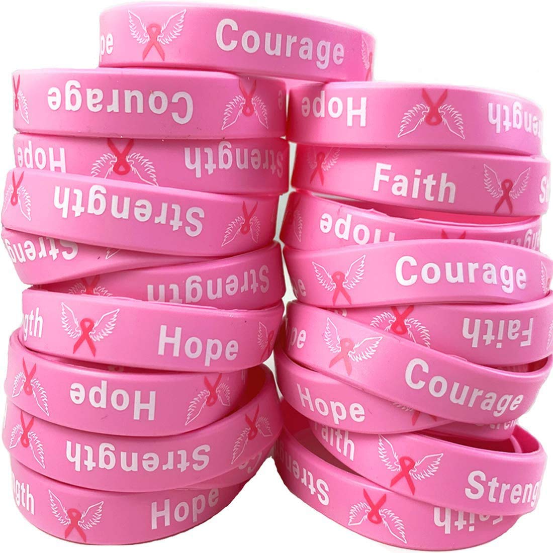 Uddiee 50 Pack Breast Cancer Awareness Pink Ribbon Bracelets Hope Faith Strength Courage Inspiring Wristbands