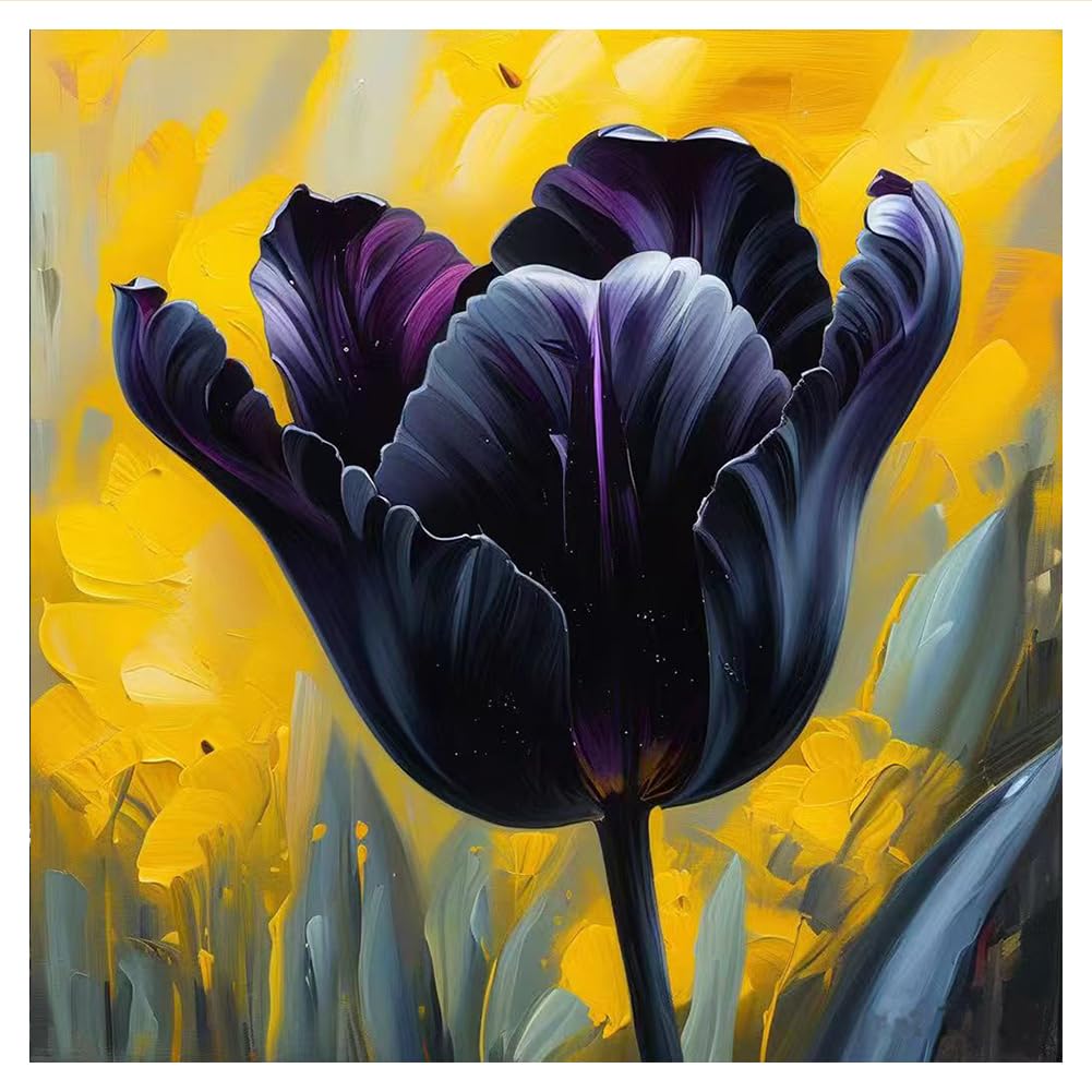 hill froeistung Flower Diamond Art Kits for Adults,Black Tulip 5D Diamond Art Painting Kits for Beginners,DIY Paint with Round F