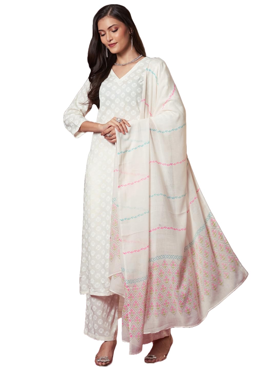Anni Designer Women'S Rayon Viscose Printed Straight Kurta With Pant & Dupatta (Mirai White-Vks03_M_White_Medium),White,M