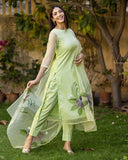 Anni Designer Women'S Chanderi Cotton Straight Printed Kurta With Pant & Dupatta (Idika Green_S_Green_Small),Green,S,Cotton,Regular,
