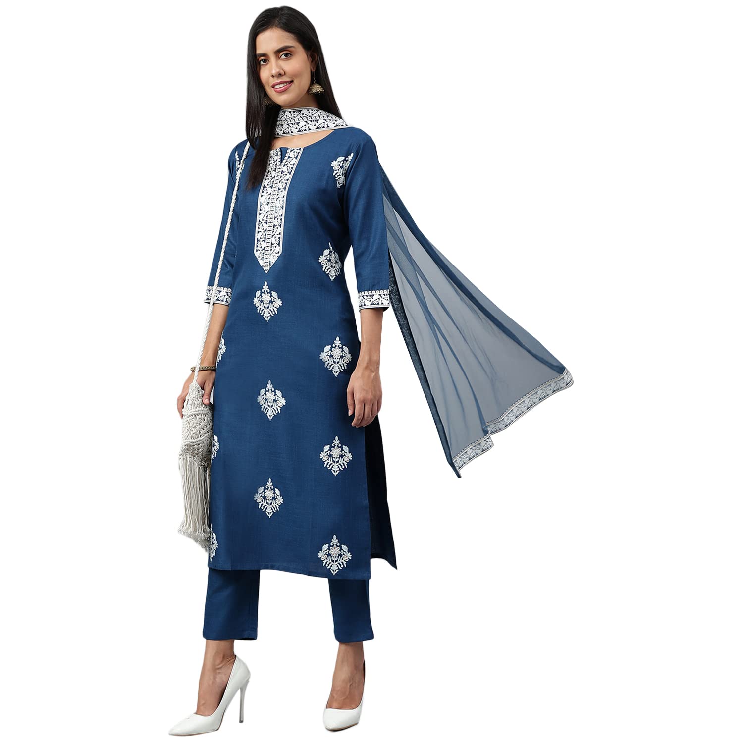 Anni Designer Women'S Cotton Blend Straight Embroidered Kurta With Pant & Dupatta (Tistha Dark Blue_M_Dark Blue_Medium),Dark Blue,M