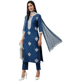 Anni Designer Women'S Cotton Blend Straight Embroidered Kurta With Pant & Dupatta (Tistha Dark Blue_M_Dark Blue_Medium),Dark Blue,M