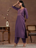 Libas Womens Woven Design Silk Blend Straight Kurta With Salwar And Dupatta Purple L