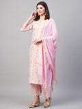 Anni Designer Women'S Cotton Blend Printed Straight Kurta With Palazzos & Dupatta (Ghost-Off-Pink_L_Pink_Large),Pink,L,Cotton Blend,Regular,Dupatta