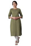 W Green Cotton Blend Regular Embroidered Solid Kurta for Women