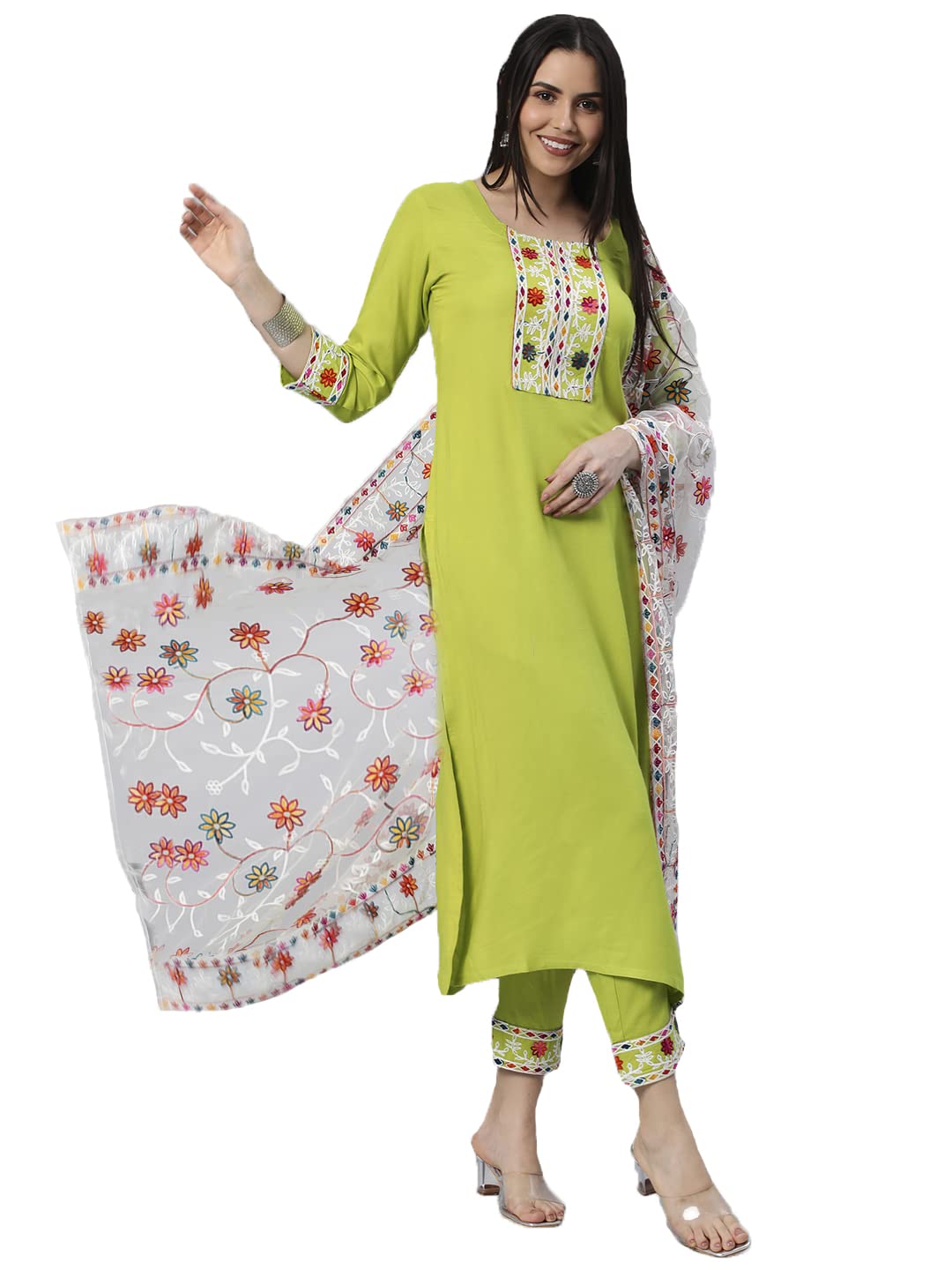 Anni Designer Women'S Cotton Blend Solid Straight Kurta With Pant & Dupatta (Sofa-Parrot_S_Green_Small),Green,S