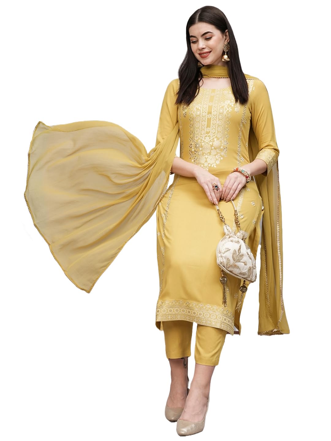 Anni Designer Women'S Cotton Blend Straight Printed Kurta With Pant & Dupatta (Anahi Mustard_L_Mustard_Large),Mustard,L