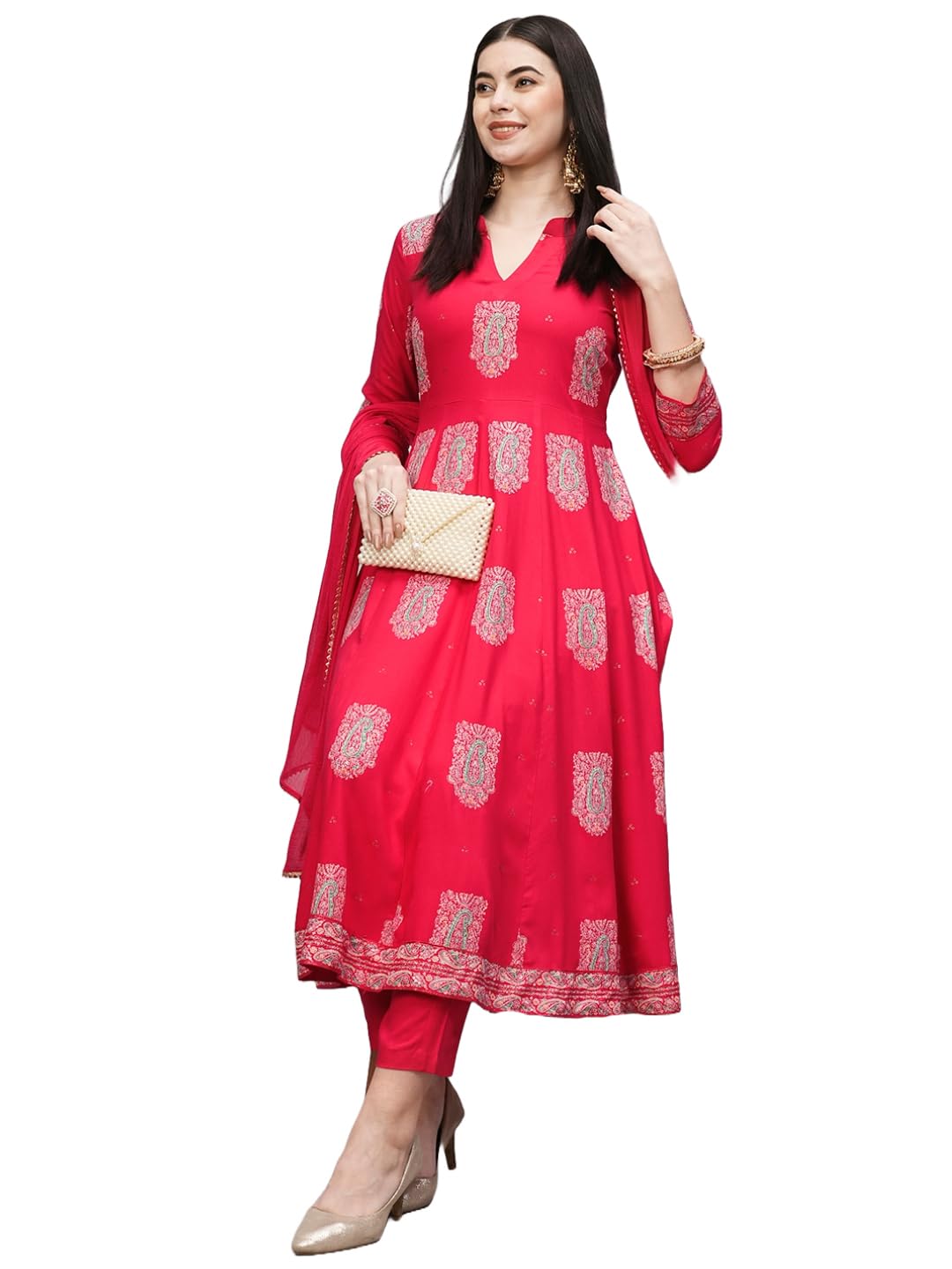 Anni Designer Women'S Cotton Blend Anarkali Printed Kurta With Pant & Dupatta (Layla Pink_M_Pink_Medium),Pink,M