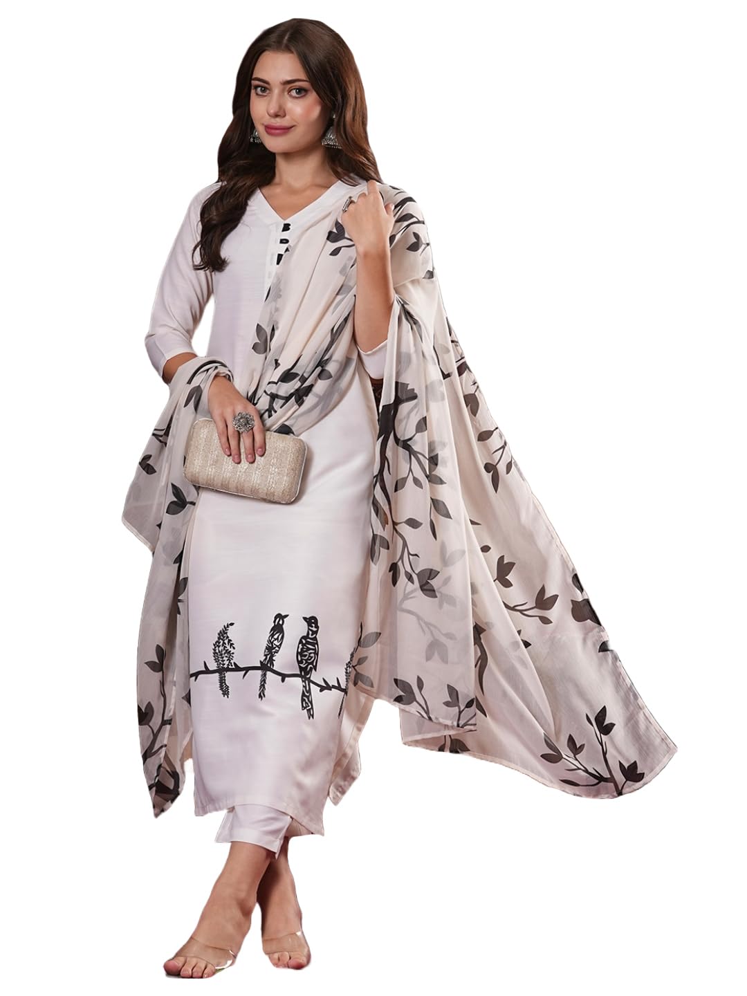 Gosriki Women'S Cotton Blend Straight Printed Kurta With Pant & Dupatta (Jayachitra White-Gs_S_White_Small),White,,B0DM1SWYVV