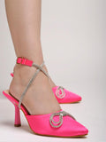 Women'S Magenta Satin High Heel Sandals Pointed Toe Party Heels With Rhinestone Bow & Ankle Strap Elegant Stilettos For Weddings & Events Eu39,Magenta,6,B0DK7F3D3S