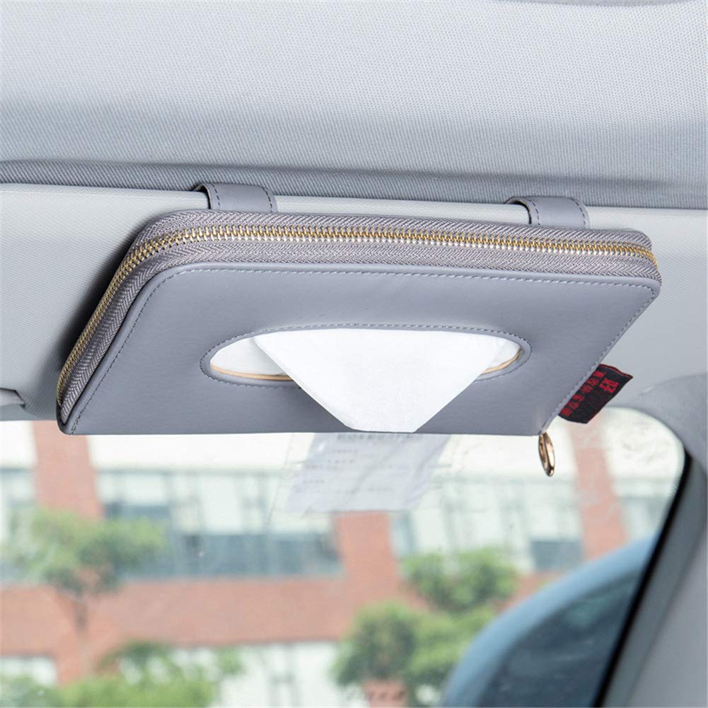 Cartisen Car Sun Visor Tissue Holder, Napkin Holder, Pu Leather Backseat Tissue Case Holder For Car Vehicle With Zipper (Grey)