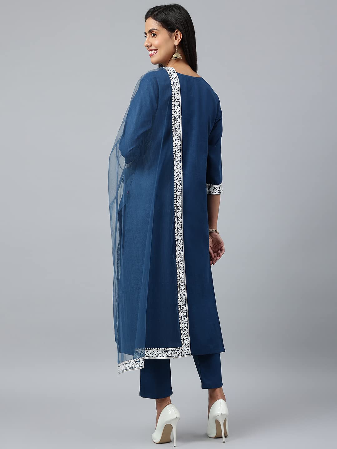 Gosriki Women'S Cotton Blend Straight Embroidered Kurta With Pant & Dupatta (Tistha Dark Blue_M-Go_Dark Blue_Medium),Dark Blue,,B0B2PP9K3P