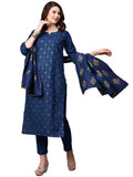Anni Designer Women'S Cotton Blend Embroidered Straight Kurta With Pant & Dupatta (Mysuru-Dark Blue_M_Dark Blue_Medium),Dark Blue,M