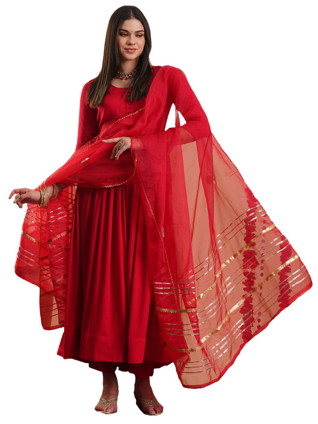 Anni Designer Women'S Rayon Blend Anarkali Solid Kurta With Pant & Dupatta (Jaynti Red-Vks01_M_Red_Medium),Red,M
