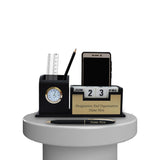 SAVRI Personalized Wooden Desk Organizer with Customized Name, Designation & Company Clock, Pen Stand, Mobile & Card Holder |
