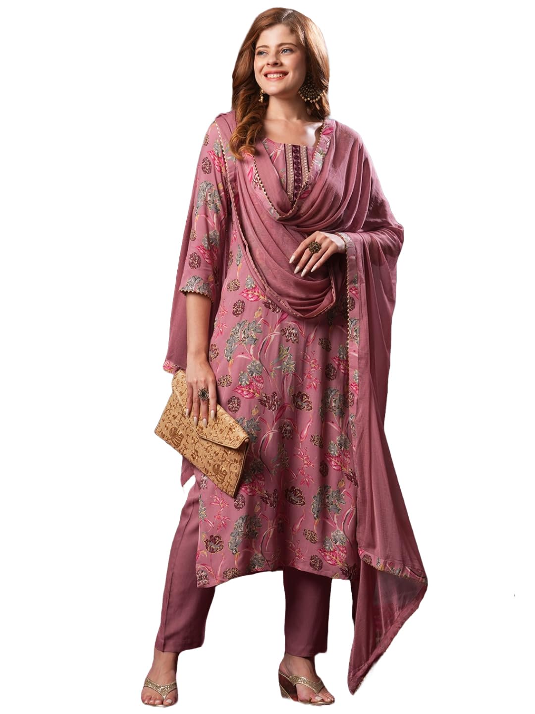 Anni Designer Women'S Rayon Blend Printed Straight Kurta With Pant & Dupatta (Vice Peach-Vks03_4Xl_Peach_Xxxx-Large),Peach,4XL