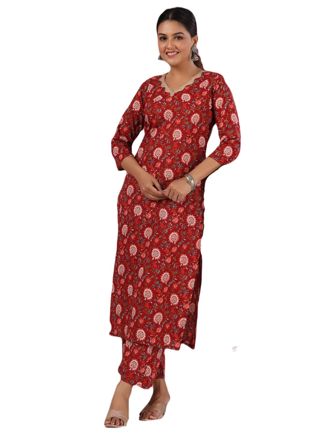 Anni Designer Women'S Rayon Blend Straight Printed Kurta With Palazzo (Peton Red_M_Red_Medium),Red,M