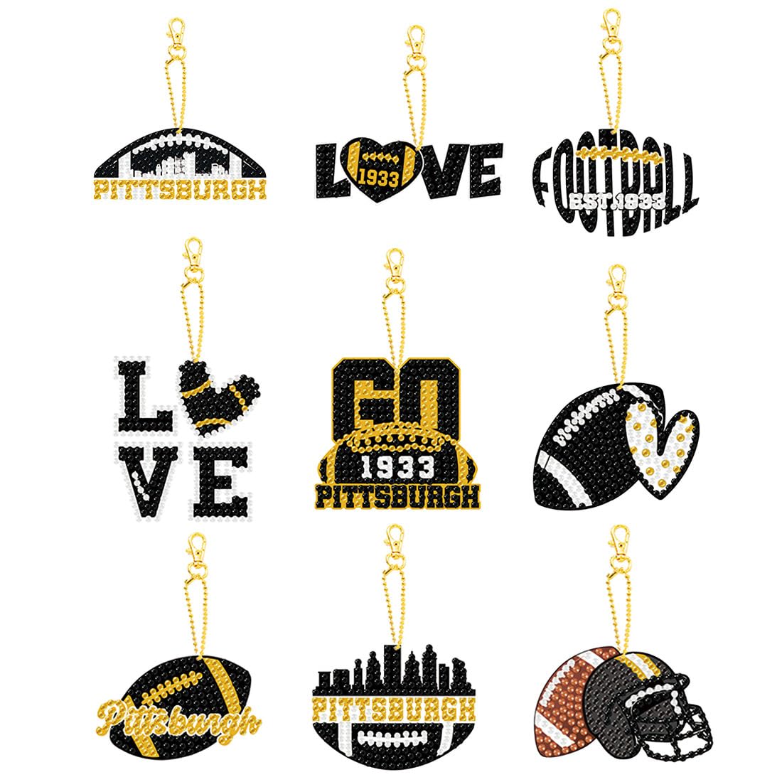 Rertcioph 9 Pcs Football Diamond Painting Kits DIY Double Sided Diamond Art Keychains Hanging Ornament Kits Fans Gift for Pittsb