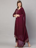 Anni Designer Women'S Cotton Straight Kurta With Pant & Dupatta (Kptd-Cot-10132-Wine_S_Wine_Small),Wine,S,Cotton Blend,Regular,