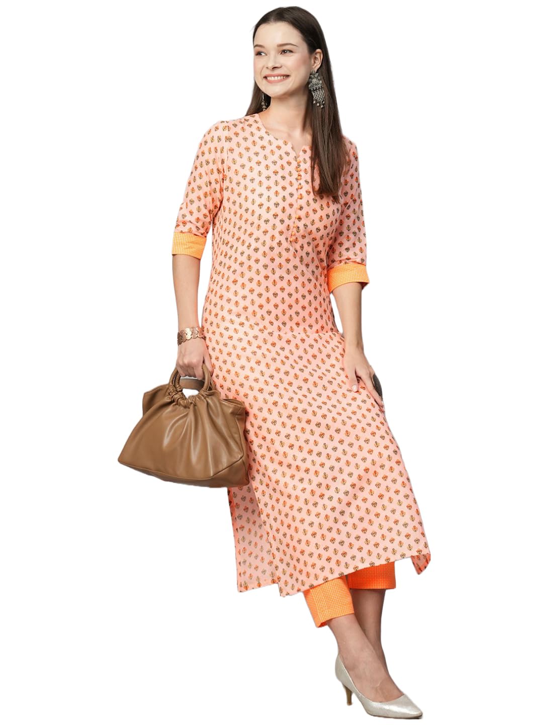Anni Designer Women'S Cotton Blend Floral Straight Kurta With Pant (Otti N2W_Orange_Xx-Large),Orange,2XL
