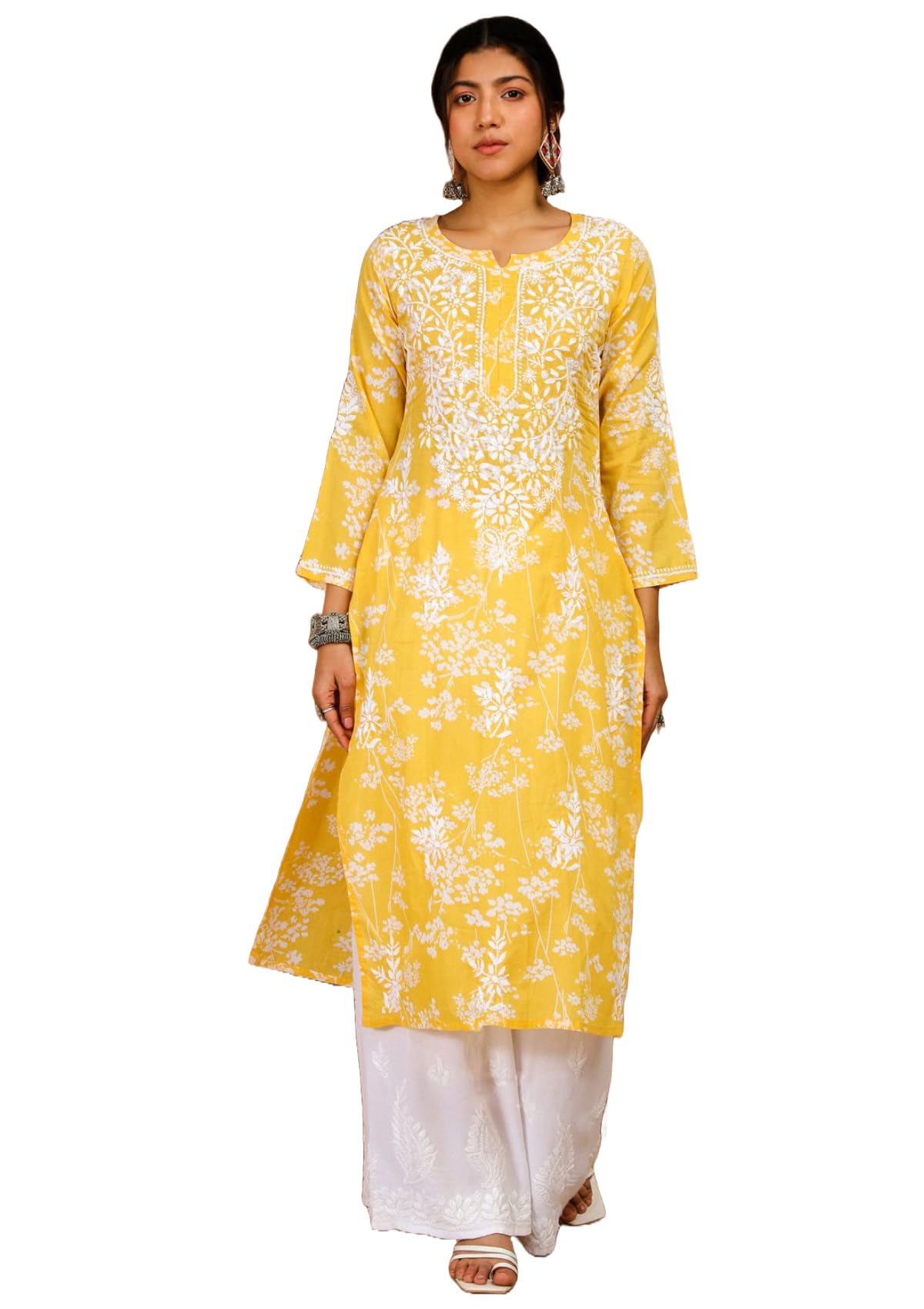 Anni Designer Women'S Cotton Blend Chikankari Embroidered Straight Kurta (Zainab Yellow_Xxl_Yellow_Xx-Large),Yellow,2XL