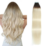 SUYYA Tape in Hair Extensions Human Hair Ombre Darkest Brown to Platinum Blonde 12 Inch 40g/pack 20pcs Straight Seamless Skin We
