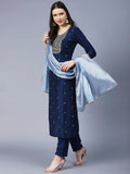 Anni Designer Women'S Cotton Blend Straight Embroidered Kurta With Pant & Dupatta (Yesta Kerocine_Xl_Dark Blue_X-Large),Dark Blue,XL,Cotton Blend,Regular,Dupatta