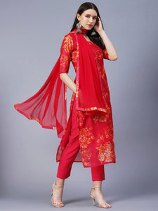 Anni Designer Women'S Chanderi Cotton Printed Straight Kurta With Pant & Dupatta (Aux-Orange_M_Pink_Medium),Pink,M,Cotton,Regular,Dupatta