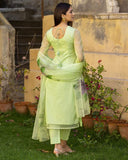 Gosriki Women'S Chanderi Cotton Straight Printed Kurta With Pant & Dupatta (Idika Green-Gs_Xl_Green_X-Large),Green,,B0C545Y1MC
