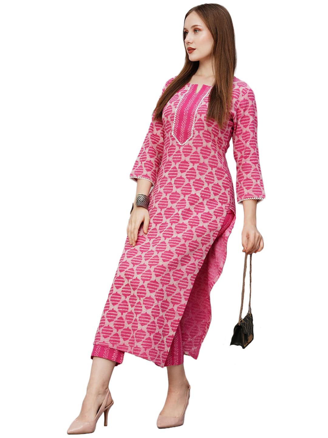Anni Designer Women'S Cotton Blend Printed Straight Kurta With Pant (Vanar-Pink_M_Pink_Medium),Pink,M