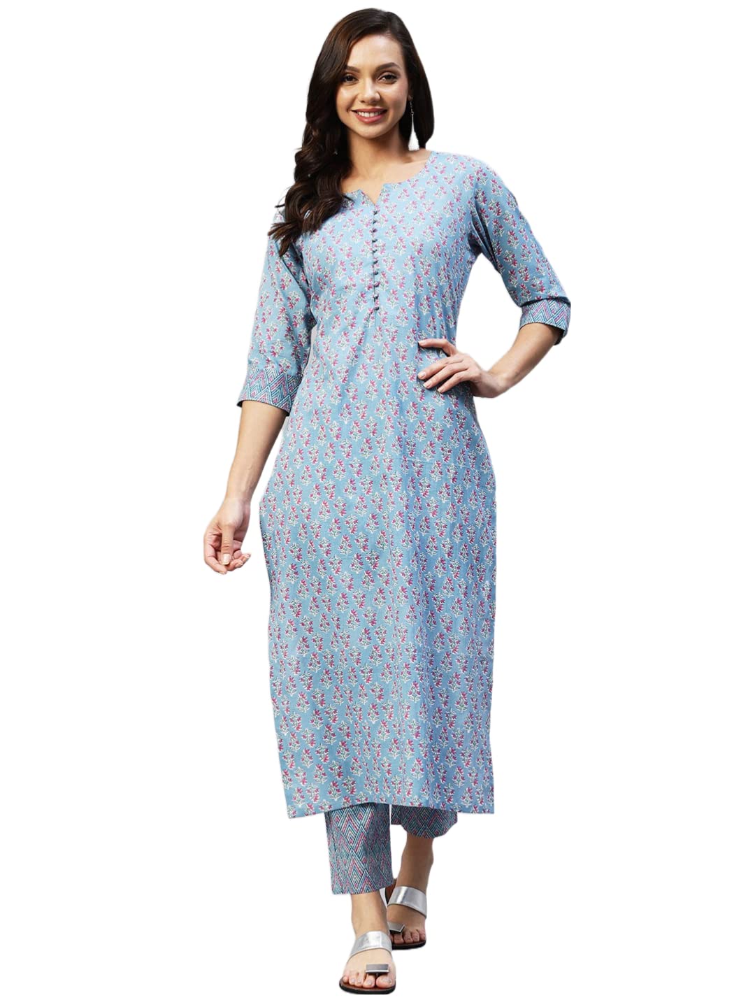Anni Designer Women'S Cotton Blend Straight Printed Kurta With Palazzo (Jooni Blue_3Xl_ Blue_Xxx-Large),Blue,3XL