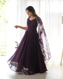 Women Floral Print Anarkali Kurta With Pant And Duptta (Medium Purple),Purple,M,Georgette,Anarkali,Dupatta