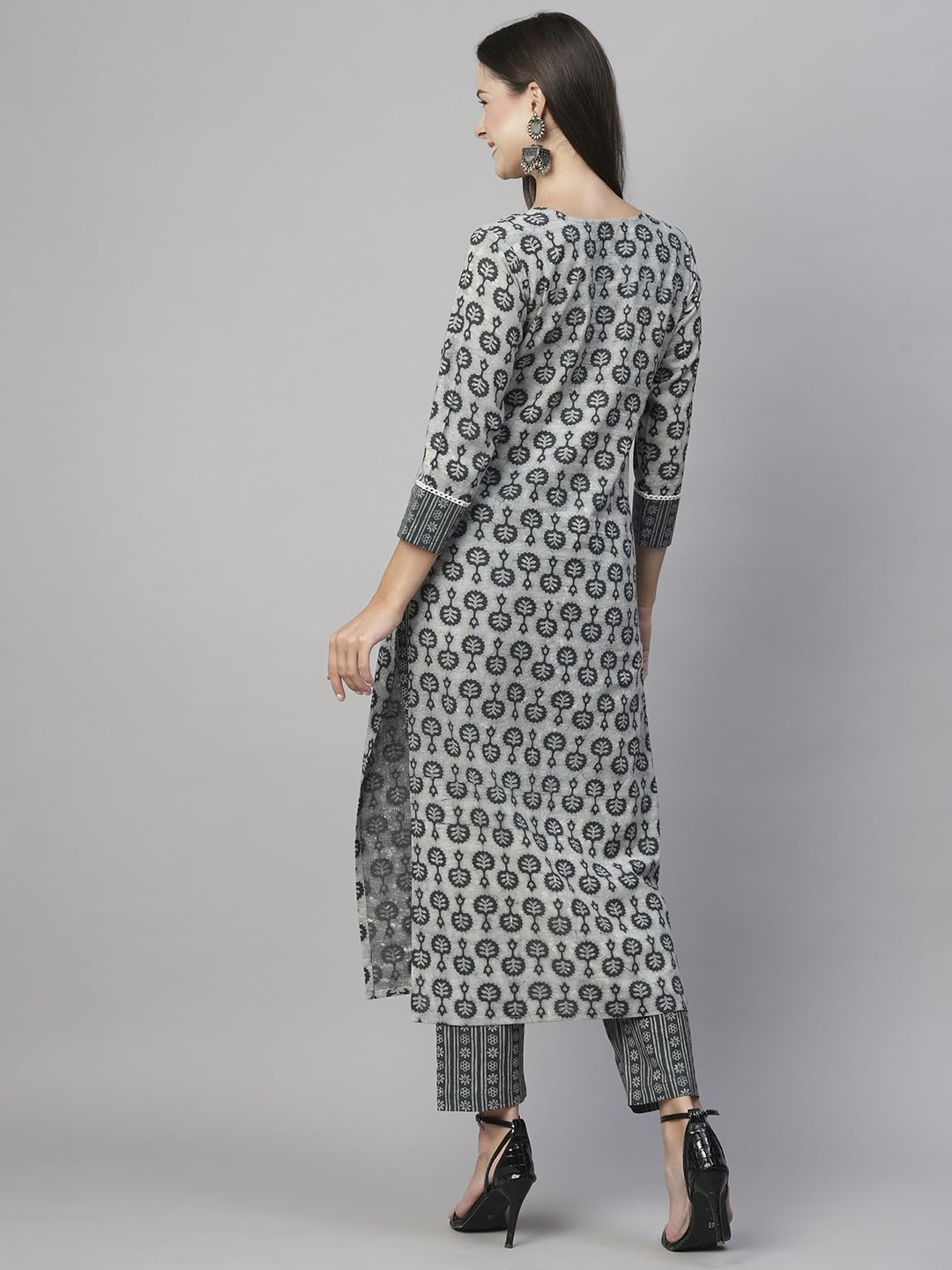 Anni Designer Women'S Cotton Blend Straight Printed Kurta With Pant (Sachi Grey-Nw_M_Grey_Medium),Grey,M,Cotton Blend,Regular,Kurta & Pant Set