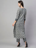 Anni Designer Women'S Cotton Blend Straight Printed Kurta With Pant (Sachi Grey-Nw_S_Grey_Small),Grey,S,Cotton Blend,Regular,Kurta