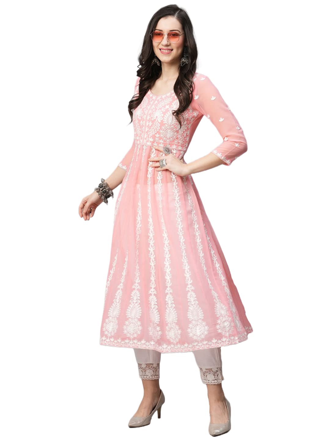 Gosriki Women'S Georgette Chikankari Embroidered Anarkali Kurti (Naav Peach-Gs_S_Peach_Small),Peach,,B0BVWFB4V6