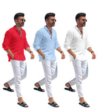 Bellstone Men'S Cotton Blend Solid Regular Dress Shirt (Kurta1600_Triple_Red-Sky-White_L