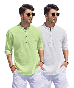 Bellstone Men'S Cotton Blend Solid Regular Dress Shirt (Kurta1500_Combo_L Green & White_M_Light